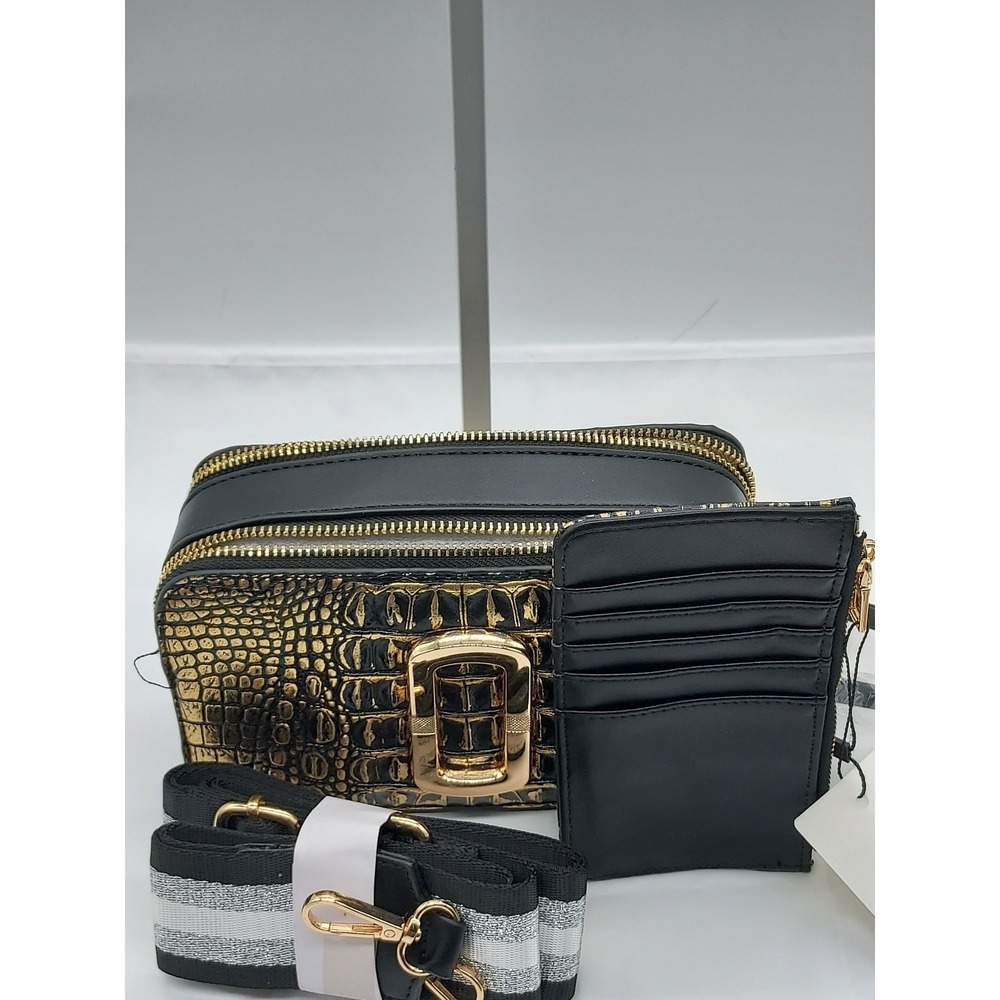 Black Gold Crocodil Embossed Camera Bag Crossbody with Card Holder and Web Strap